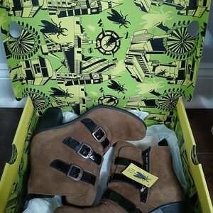 FLY London Klea KLEA012FLY Taupe Black Buckle Zipper Moto Ankle Bootie US8 EU 39